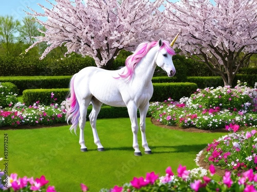 Unicornsnow white unicorn with a pink mane and tail in a spring flowering garden a magical garden. Generative AI