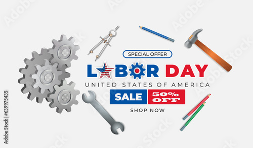 Holidays, design background with gear mechanism, different tools and accessories and national flag colors for American, Labor day, sales, commercial event; Vector illustration