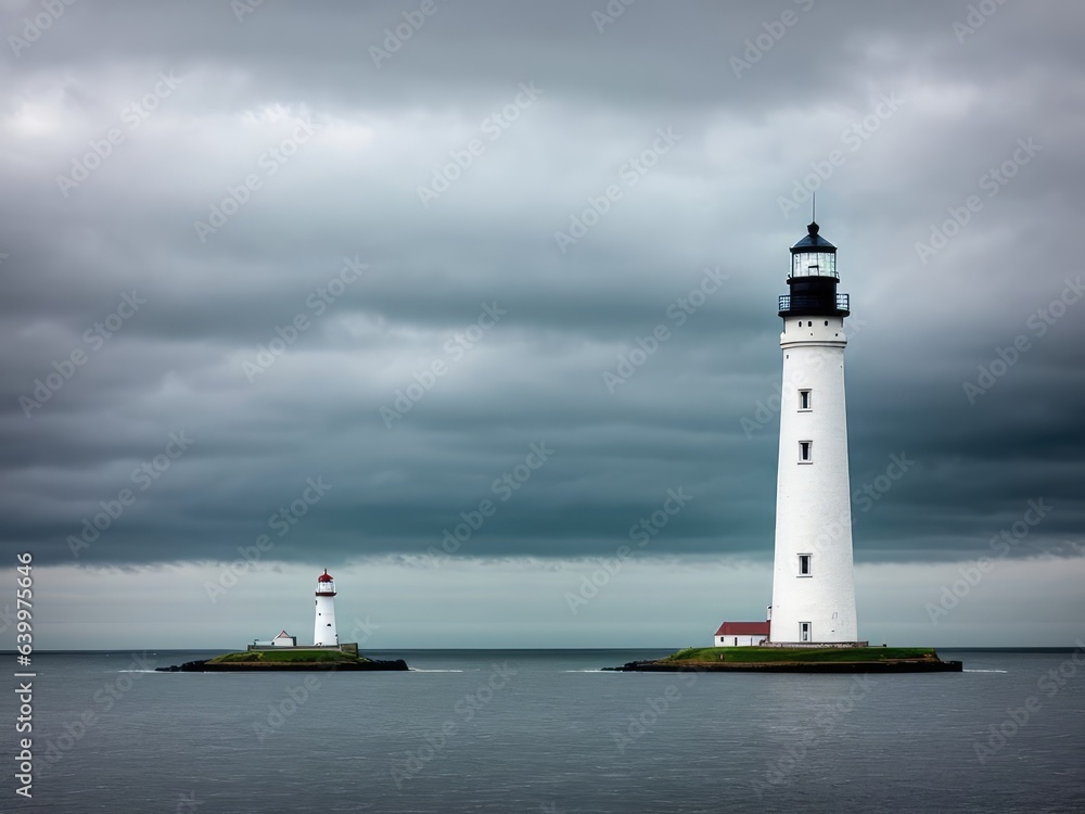 Tall lighthouse at the north sea under a cloudy sky. Generative AI