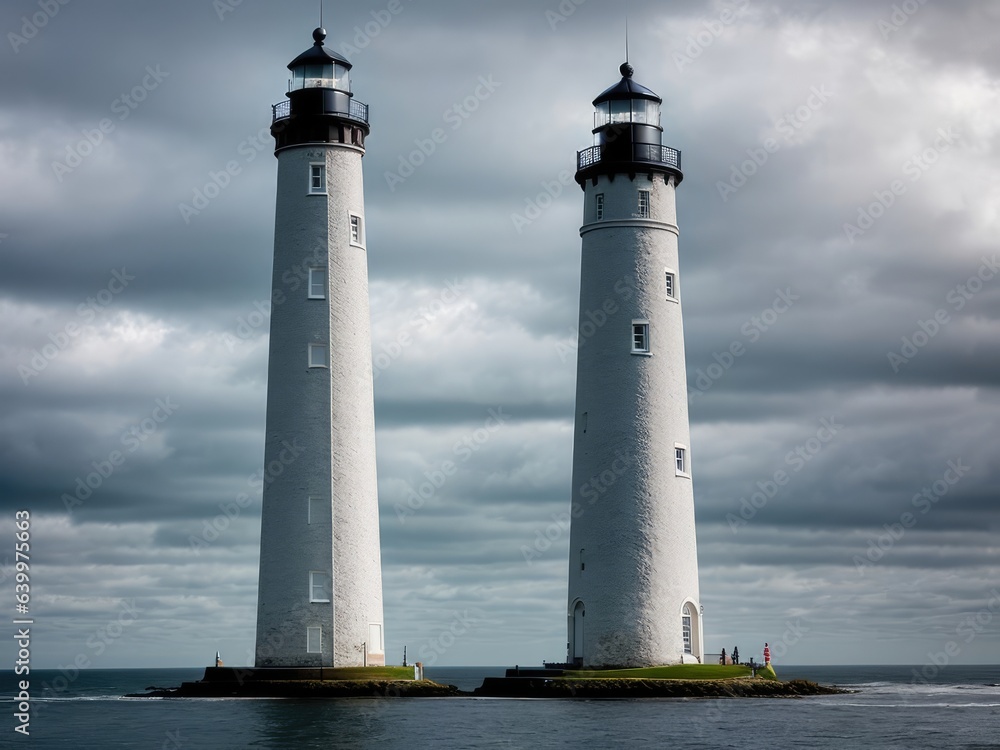 Tall lighthouse at the north sea under a cloudy sky. Generative AI