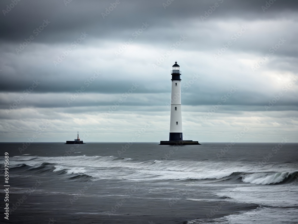 Obraz premium Tall lighthouse at the north sea under a cloudy sky. Generative AI