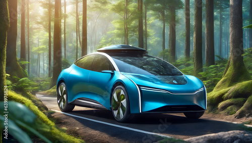 eco car on forest road passing through nature ecosystem  ecology and healthy  environment concept  generative ai 
