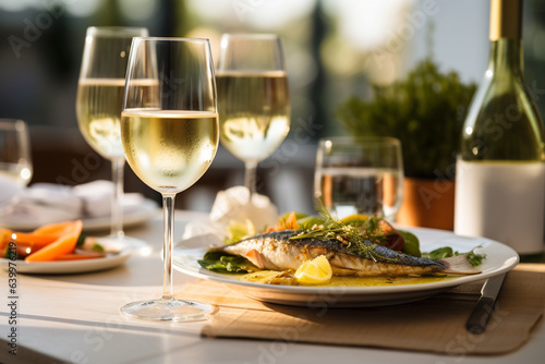 Editorial photography, yummy jucy seafood and white wine, blurred background, high definition, summer, restaurant, copyspace. Ai generated.