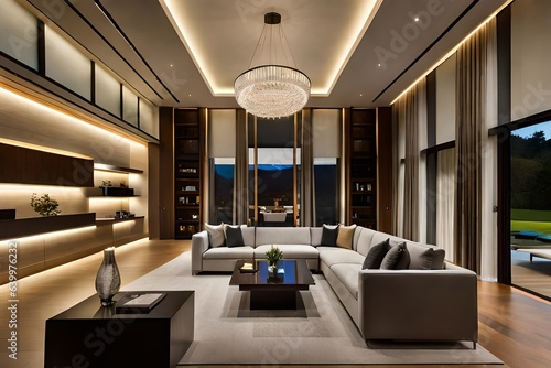Modern living interior of modern Luxury House at night.