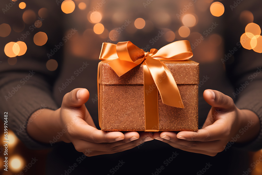 A person holding a golden present in a glittered golden box with a golden ribbon. Blurred lights in the background A person holding a golden present in a glittered golden box with a golden ribbon. Blurred lights in the background