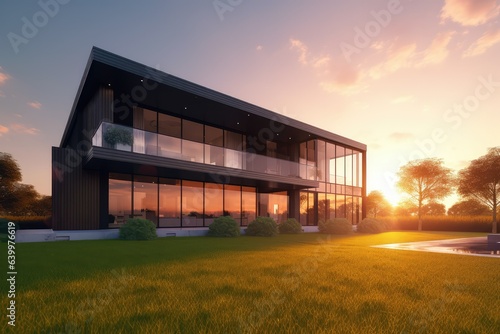 Luxury modern house on grass with sunset background