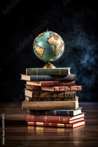 World Teachers' Day. Teacher's desk with a globe and books, on dark backgrounde