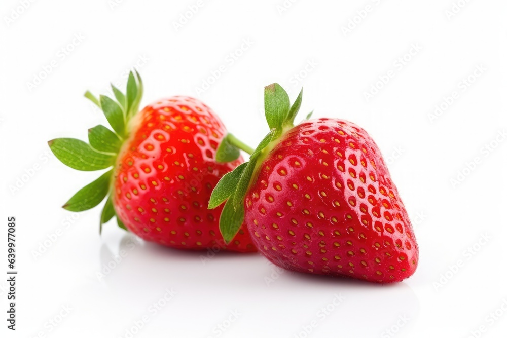 two strawberries with strawberry leaf on white background. two strawberries with strawberry leaf on white background.