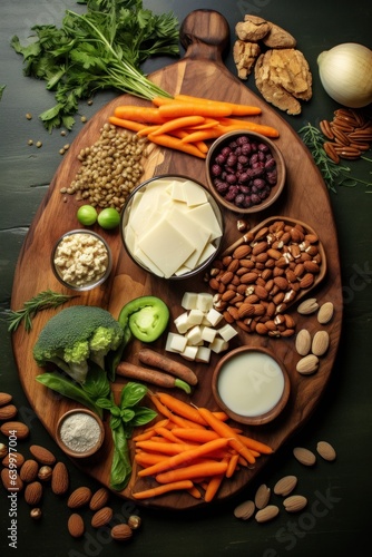 World Vegetarian Day. kitchen board with a set of seasonings and products for vegetarian dishes