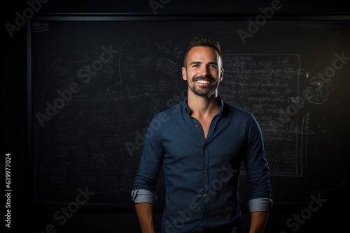 World Teachers' Day. Portrait of a smiling male teacher at the blackboard