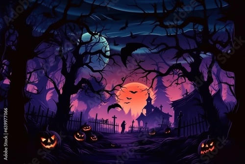 Halloween pumpkins in night on cemetery.haunted castle in full moon flyers and postcards for parties
