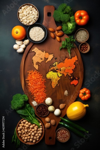 World Vegetarian Day. kitchen board with a set of seasonings and products for vegetarian dishes. top view