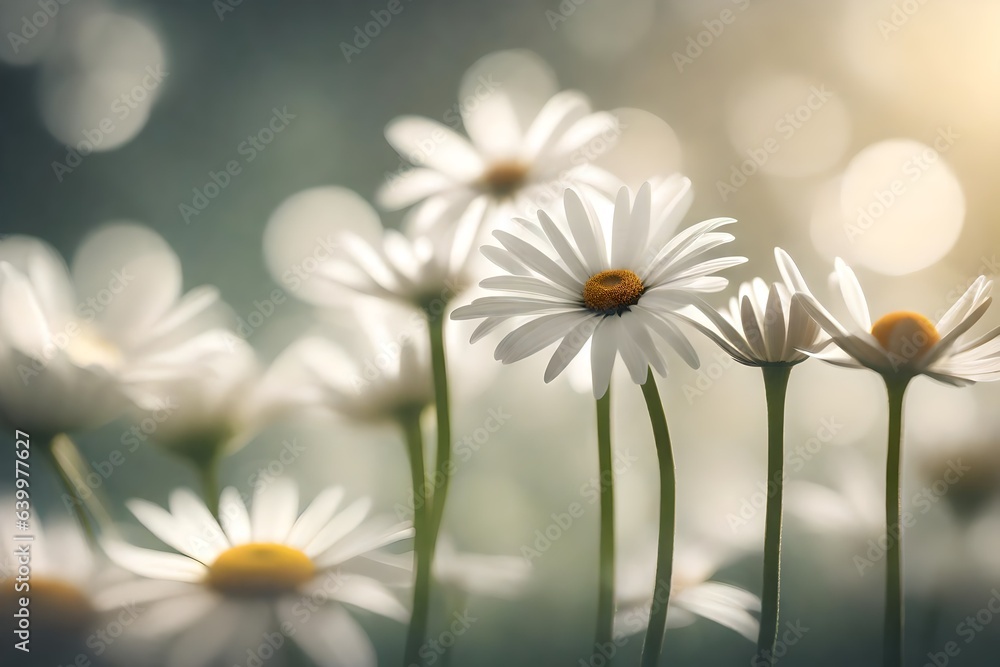 Pretty white flowers called daisies, given as a gift on Mother's Day, are shown close in a dreamy and blurry background.. Creative resource, AI Generated