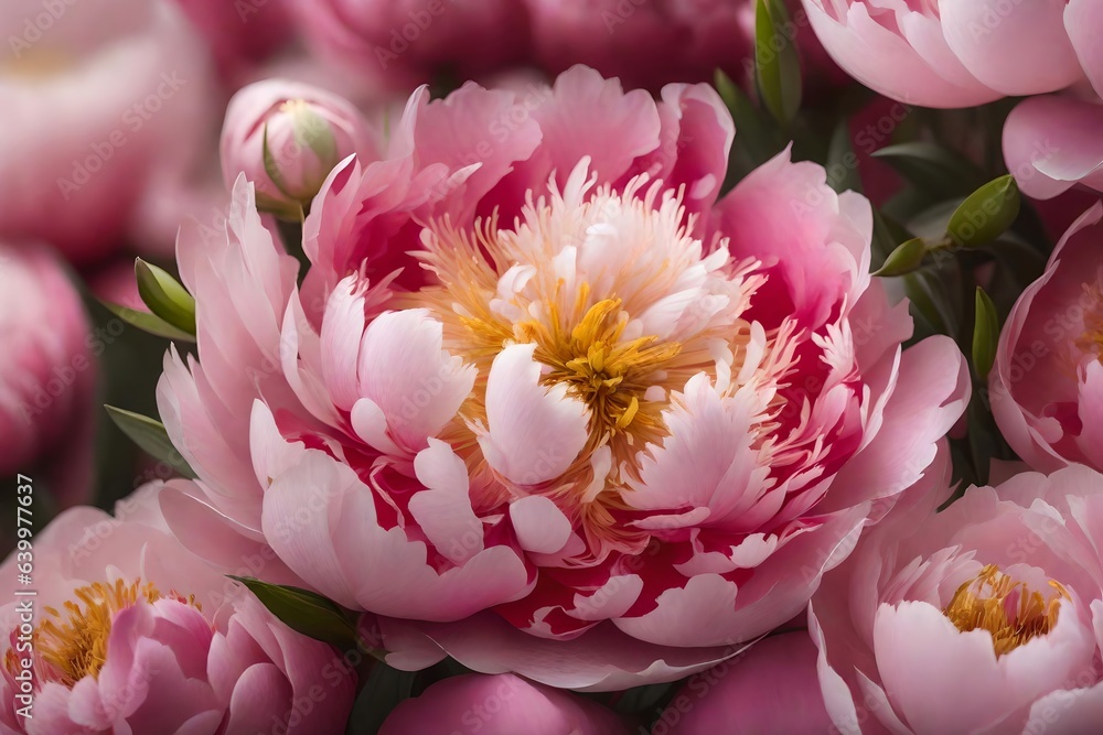 Blossoming peonies, which are a delightful gift for Mother's Day, are displayed close in detailed pictures.. Creative resource, AI Generated