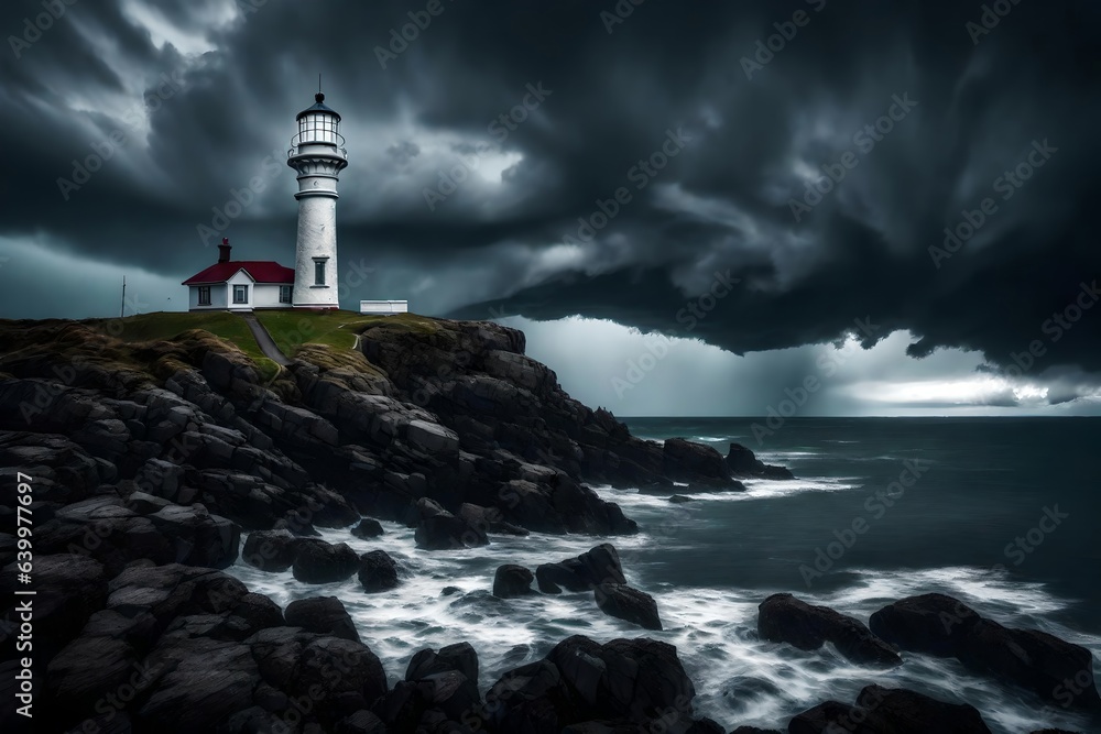 A lighthouse near the coast during a stormy day, displaying the intense and gloomy colors of dark grays.. Creative resource, AI Generated