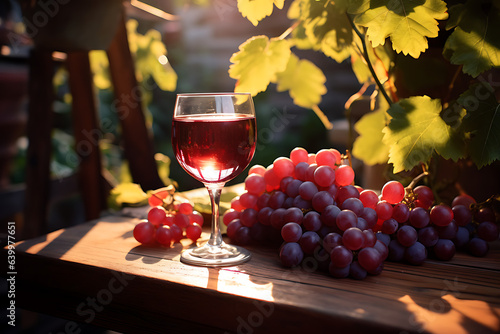 Glass of red wine on a table with red grapes in front of vineyards with reflection of sunlight  photo