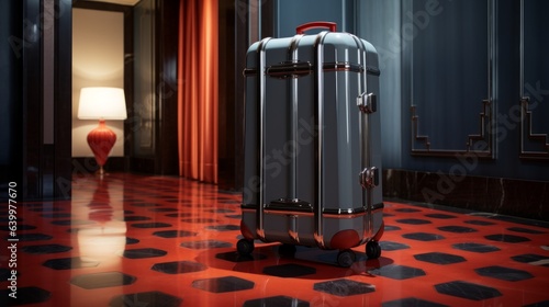 Luxury suitcases in a stylish butique hotel lobby. Vacation concept and luxury travel. photo