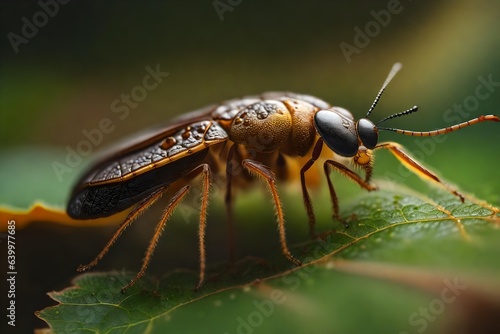 A close-up photo of a small bug on a leaf that shows all the little parts. It shows how things are on the ground in the forest.. Creative resource, AI Generated © DEER FLUFFY