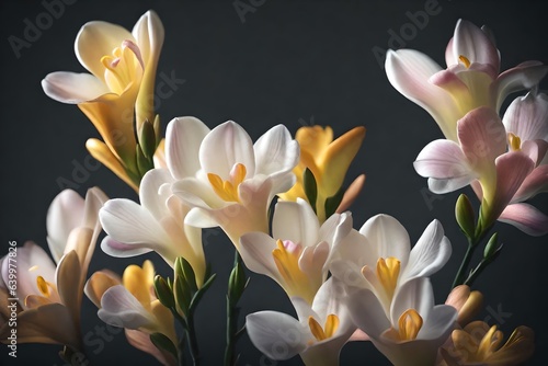 Beautiful freesias, which are a special way to say thank you on Mother's Day, have been photographed in soft and romantic lighting in a studio.. Creative resource, AI Generated © DEER FLUFFY