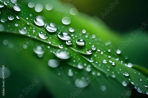 A photo of water droplets on leaves, which look pretty in the morning.. Creative resource, AI Generated