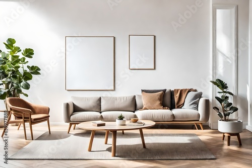 A round wooden coffee table with a art work mockup frame is placed next to a sofa and an armchair against a window and a wall. Scandinavian living room interior design
