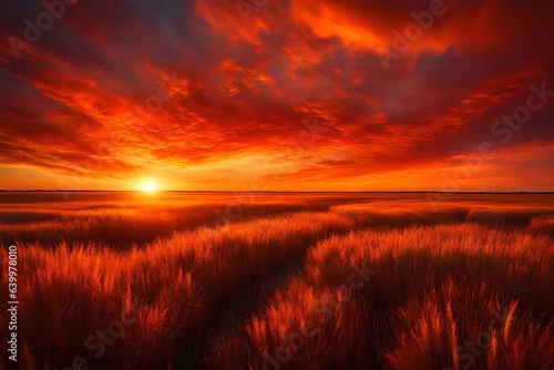 A bright and colorful sunset above a grassy field, shining warmly in shades of red and orange.. Creative resource, AI Generated