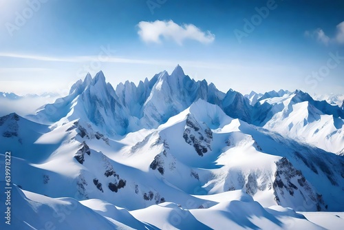 The mountains covered in snow look beautiful against the clear blue sky during winter.. Creative resource, AI Generated