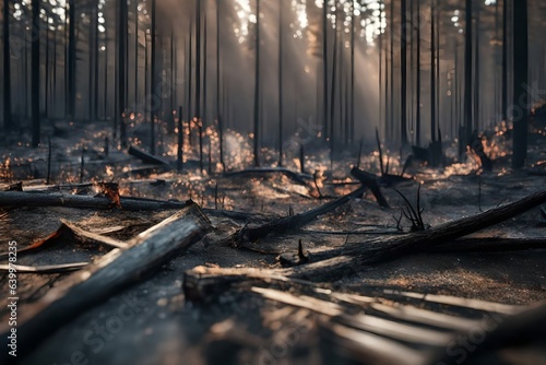 A forest is completely burned down after a big fire. The picture shows what the place looks like after a big natural event that caused a lot of destruction.  photo