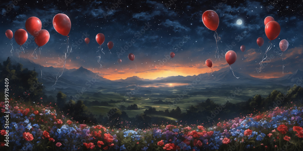 Vibrant Blooming Field with Scenic Skies and Floating Balloons