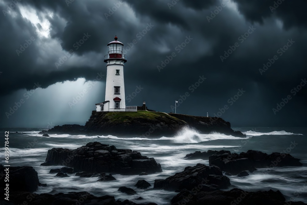 A lighthouse by the ocean on a stormy day, showing very dark gray colors that feel intense and sad.. Creative resource, AI Generated