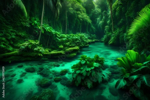 A beautiful tropical place with lots of green plants in bright green and blue colors.. Creative resource  AI Generated
