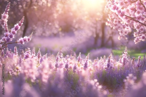 In the spring, there is a beautiful scene with lots of light pink and purplish-blue colors.. Creative resource, AI Generated