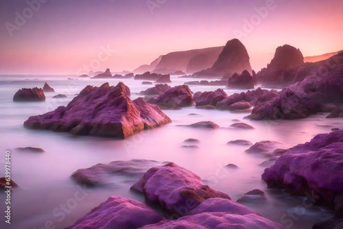 In the morning, the shoreline has pretty rocks in pink and purple colors.. Creative resource, AI Generated