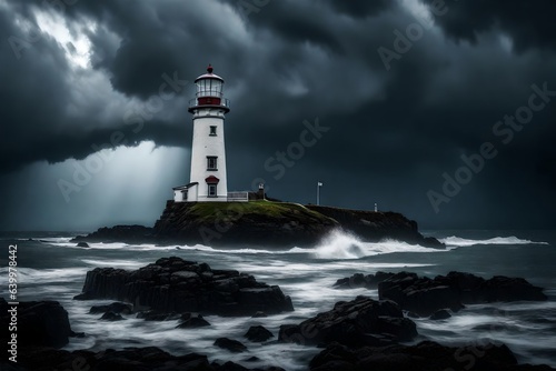 A lighthouse by the ocean on a stormy day, showing very dark gray colors that feel intense and sad.. Creative resource, AI Generated