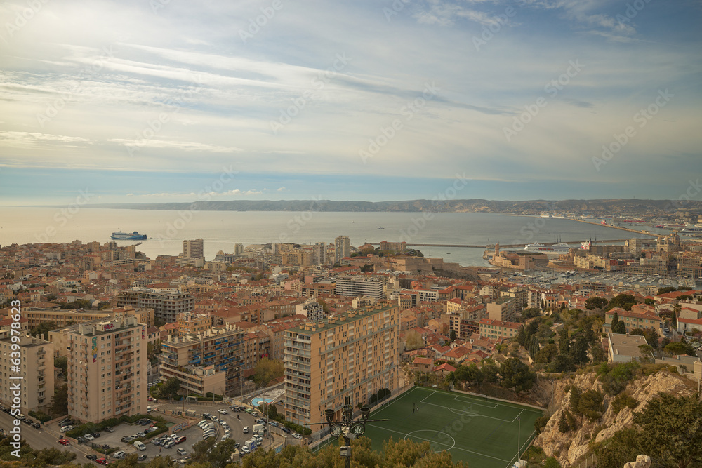 Sunset aerial view of the city of Marseille, France.