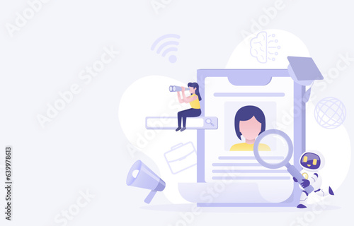 Artificial intelligence (AI) technology and employee hiring concept. Looking for new employee, experience, skill, opportunity. Job recruitment process. Flat vector design illustration with copy space.