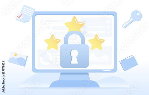 Business protection data concept. Cyber safety, protect analysis detail, backup, firewall, data access computer hacker, internet network security. Detect online threat. Flat vector design illustration