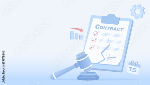 Contract cancellation and stock slump concept. Termination or dismissal contract tear, contract failure, stock market crash and reject confirmation. Flat vector design illustration with copy space.