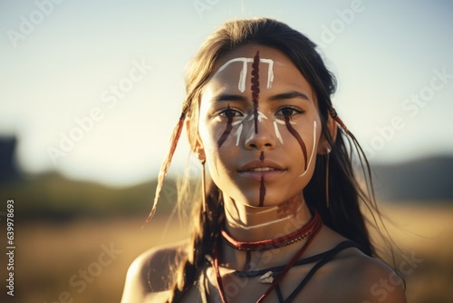 Tela Portrait of a Beautiful Fictional Native American Indian Young Woman with Warpaint Make-Up