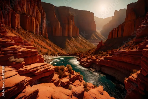 A beautiful sight of a very deep valley with a mix of reddish-brown colors. This surprises people a great deal.. Creative resource, AI Generated photo