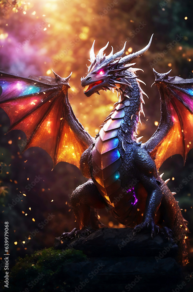 An iridescent-winged dragon mythological being Illustration of a dark fantasy wallpaper. Generative AI