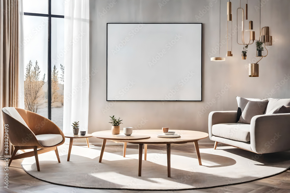 A round wooden coffee table with a art work mockup frame is placed next to a sofa and an armchair against a window and a wall. Scandinavian living room interior design A round wooden coffee table with a art work mockup frame is placed next to a sofa and an armchair against a window and a wall. Scandinavian living room interior design