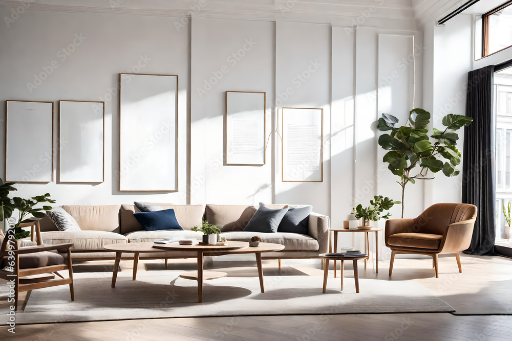 A round wooden coffee table with a art work mockup frame is placed next to a sofa and an armchair against a window and a wall. Scandinavian living room interior design A round wooden coffee table with a art work mockup frame is placed next to a sofa and an armchair against a window and a wall. Scandinavian living room interior design