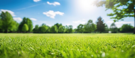 Blurred background of spring nature with a nicely trimmed lawn against a blue sky and clouds on a bright sunny day. Generative AI