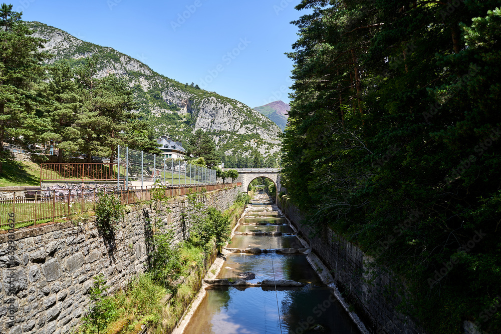 Aragon River when it passes through the old Canfranc station.
