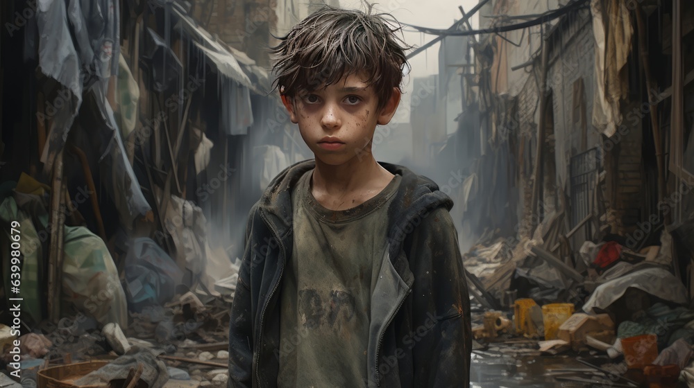 Young dirty boy standing in an destroyed alleyway in front of wreckage