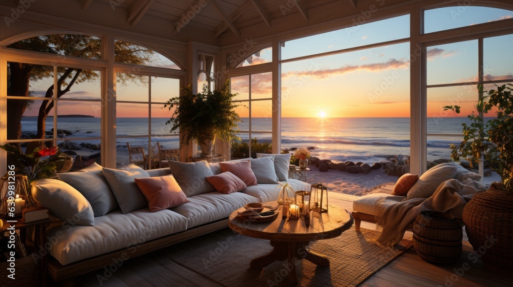 The interior of a fantastically beautiful beach house with the French doors and view of the sea at sunset.