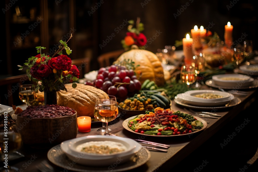 Festive Thanksgiving Table Setting with Delicious Food and Candles Festive Thanksgiving Table Setting with Delicious Food and Candles
