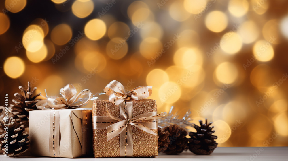 gift boxes and christmas decoration on blurred background gift boxes and christmas decoration on blurred background
