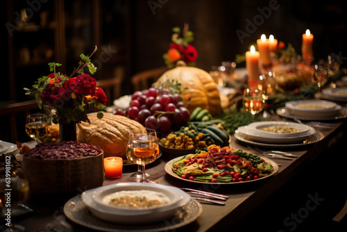Festive Thanksgiving Table Setting with Delicious Food and Candles
